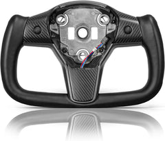 HANSSHOW Yoke Steering Wheel for Tesla Model 3 and Model Y of all Years, Customization, Ellipse, Matte and Glossy Carbon Fiber Trim Panel Decorate Middle and Sides