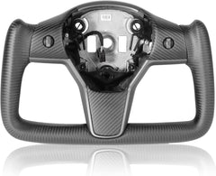 HANSSHOW Yoke Steering Wheel for Tesla Model 3 and Model Y of all Years, Customization, Ellipse, Matte and Glossy Carbon Fiber Trim Panel Decorate Middle and Sides