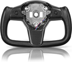 HANSSHOW Yoke Steering Wheel for Tesla Model 3 and Model Y of all Years, Customization, Ellipse, Matte and Glossy Carbon Fiber Trim Panel Decorate Middle and Sides