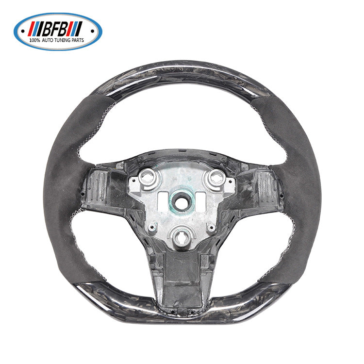 100% Real Carbon Fiber Steering Wheel Modification - For Tesla Model 3/Y - Black Suede Leather White Stitching Marble Forged Pattern