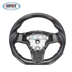 100% Real Carbon Fiber Forged Steering Wheel with Black Perforated Leather and Red Stitching - For Tesla Model Y - Modification