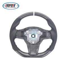 100% Real Carbon Fiber Matte Black Steering Wheel with White Stitching and Perforations - For Tesla Model 3 Y - Modification