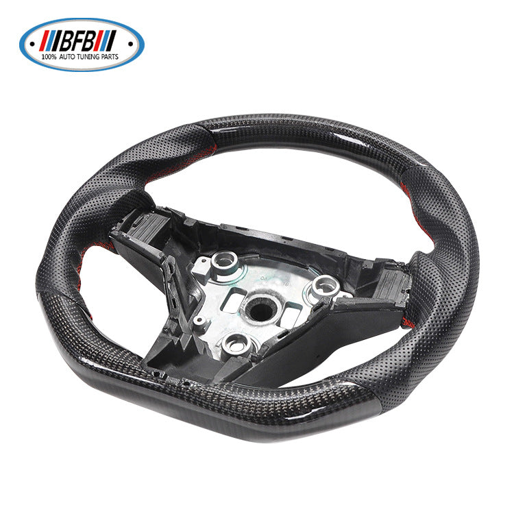 100% Real Carbon Fiber Forged Steering Wheel with Black Perforated Leather and Red Stitching - For Tesla Model Y - Modification